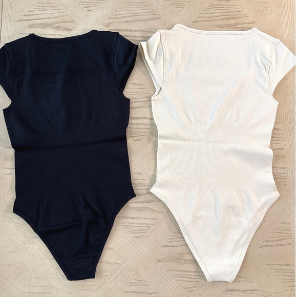 NEW OQQ Ribbed Compression Bodysuit Square Neck Black Cream Minimalist Womens S - Picture 2 of 7